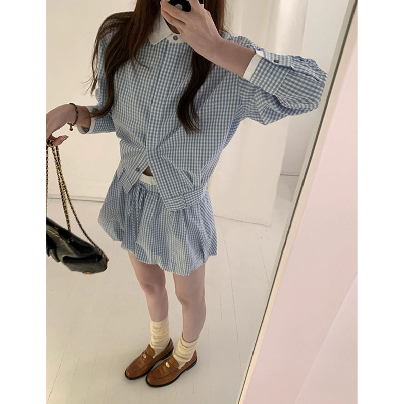 法式清冷感撞色蓝格子翻领长袖衬衫女2025早秋新款花苞裙短裙套装|undefined