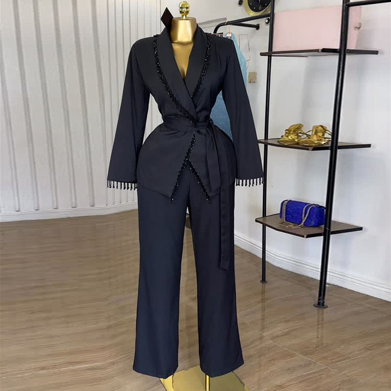 ヨーロッパとアメリカのクロスボーダー婦人服2025秋冬新作ファッションスーツ襟ヘビーストラップジャケットワイドレッグパンツスーツ|undefined