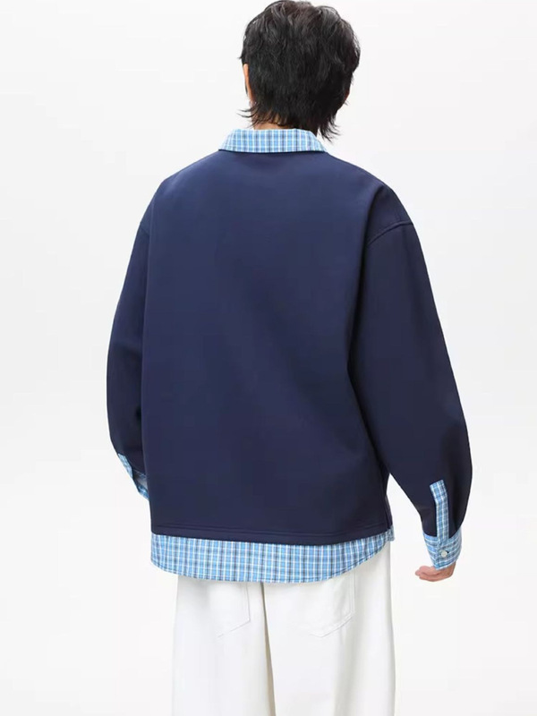 藏青色假两件POLO衫卫衣男女款秋季情侣装打底衫美式复古长袖T恤|undefined