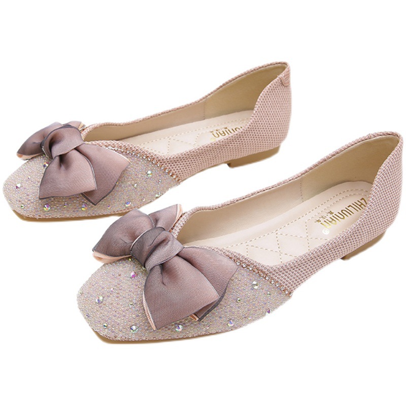 Women's Summer Bowknot Flats, Flat Square-Toed Shallow Slip-On Loafers, Elegant Gentle Shoes For Spring And Autumn_vogvips.com