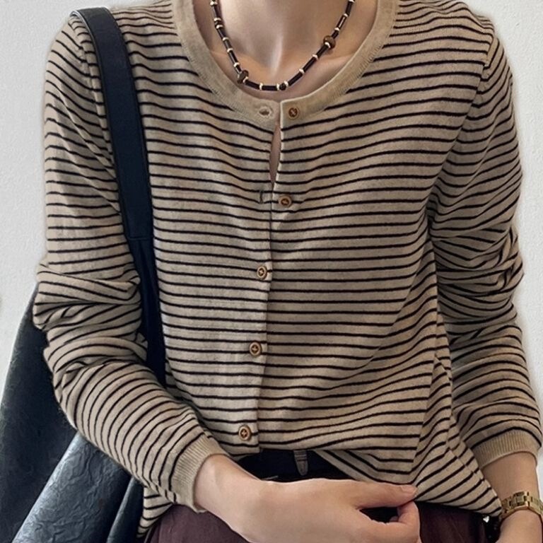 温柔韩系撞色条纹针织开衫女早秋软糯长袖打底衫修身圆领短款外套|undefined