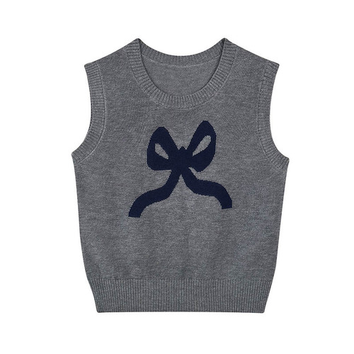 ovinsyang bow knitted vest for women to wear inside and outside, sweet little girl short sleeveless top
