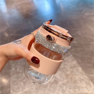 Portable Straw Glass Cup with High Appearance and Diamond-Encrusted Double-Drink Beverage Large-Capacity Home Office Diamond-Encrusted Water Cup