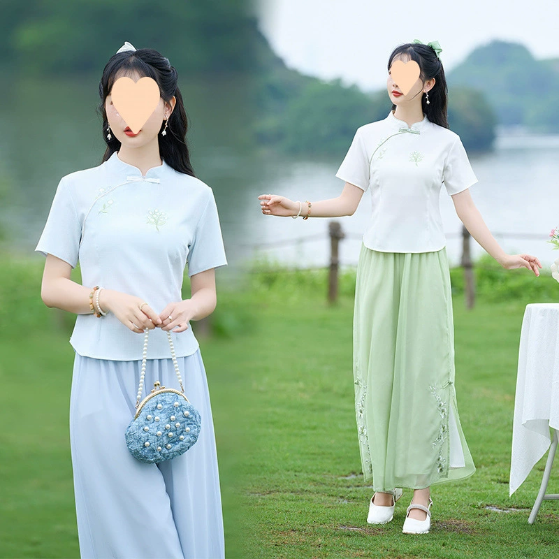 Винтажная рубашка Hanfu из хлопка и льна с воротником-стойкой в китайском стиле, утягивающая рубашка больших размеров с топом на пуговицах + широкие брюки, комплект из двух предметов.