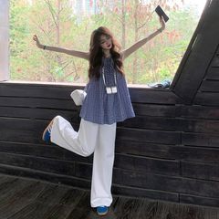 韓国のレトロな青と白のチェック柄ベストノースリーブトップ女性のためのルーズでスリムなレースアップベビードールシャツ夏