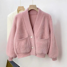 加厚仿水貂绒针织开衫女新款韩版秋冬短款小个子宽松外穿毛衣外套