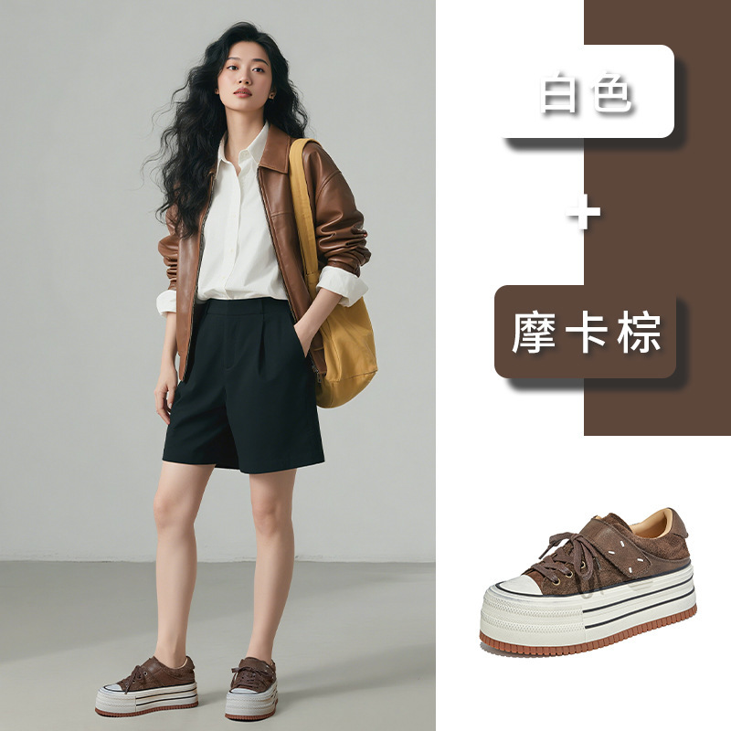头层牛皮小白鞋女款2025秋季新款厚底增高松糕鞋休闲百搭擦色女鞋|undefined