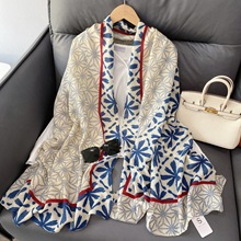 欧美风跨境外贸新款几何拼色印花围巾夏清新小花棉麻手感防晒披肩