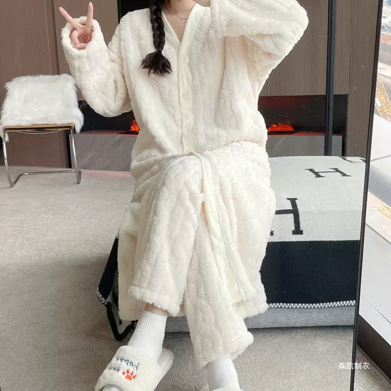 休闲居家白法兰绒睡衣女秋冬加绒加厚提花绒感色长款睡袍套装跨境
