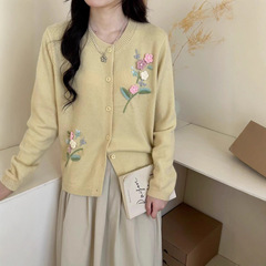高级感手工钩花立体刺绣针织开衫上衣女秋季新款圆领花朵毛衣外套