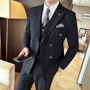 New Gun Lapel Men's Suit Business Casual Plaid Three-Piece Suit Groom's Dress Formal Texture Commuter Suit
