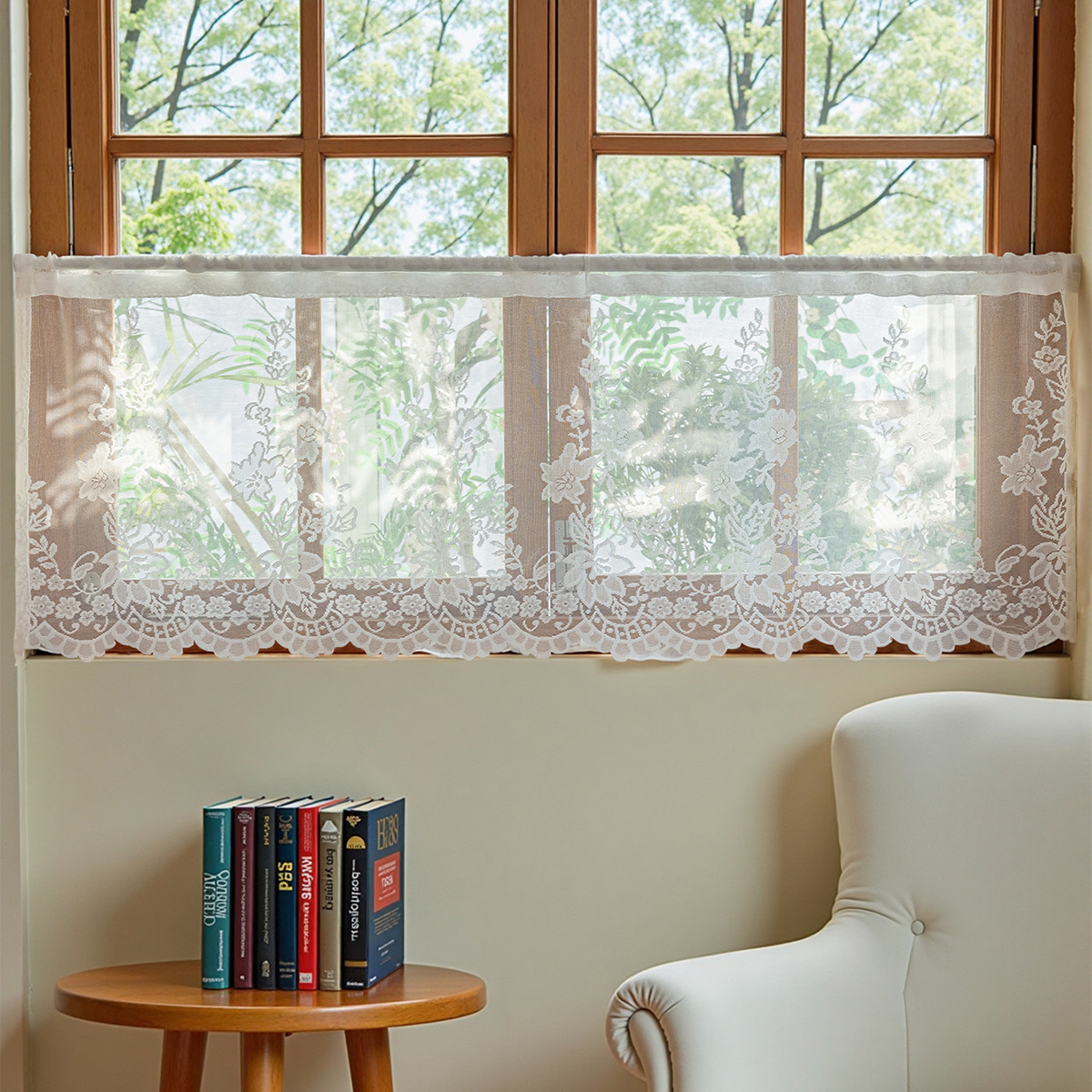 Nuevo estilo transfronterizo de color sólido tejido por urdimbre de encaje cortina corta cortina pequeña sala de estudio de cocina pantalla de ventana semisombreada