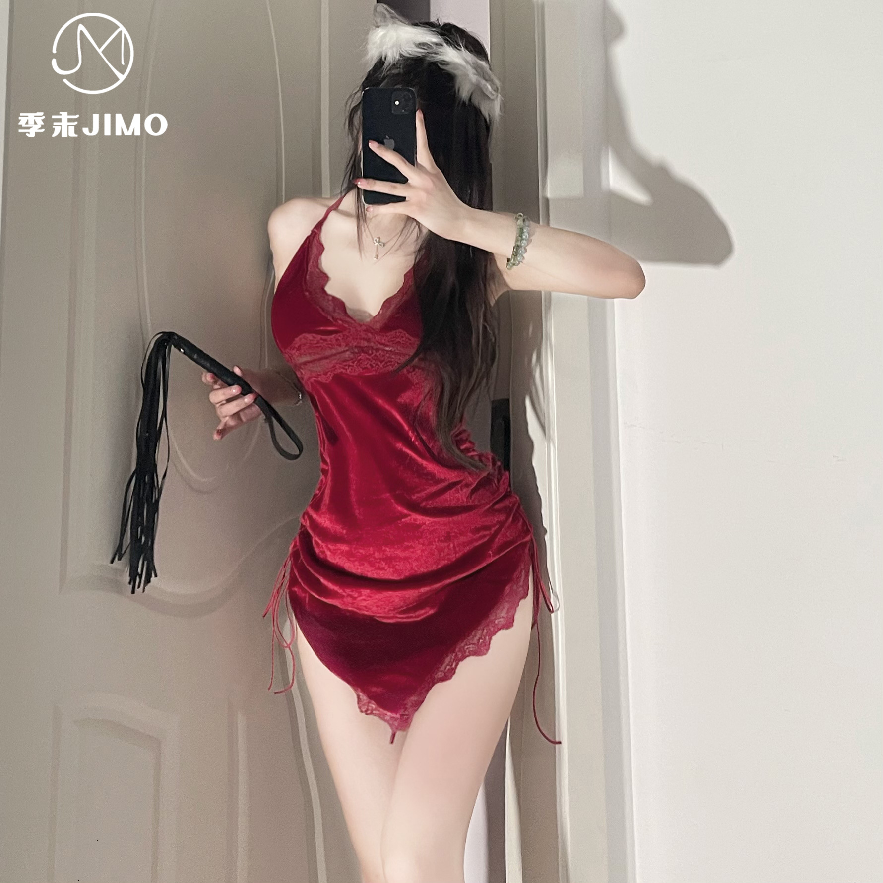 순수한 욕망 스타일 레이스 고급 섹시 스파이스 걸 벨벳 스트랩 슬링 원피스 홈 잠옷 여자 란제리