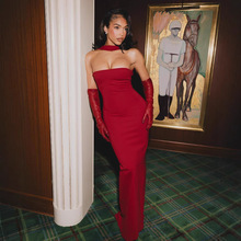 2025新款亚马逊速卖通热卖绷带裙挂脖一字领修身长裙宴会派对礼服
