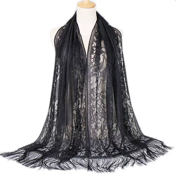 Summer Malaysian Long Gauze Scarf Shawl Headscarf Solid Color Lace Hollow Tassel Silk Scarf Women's Ethnic Style