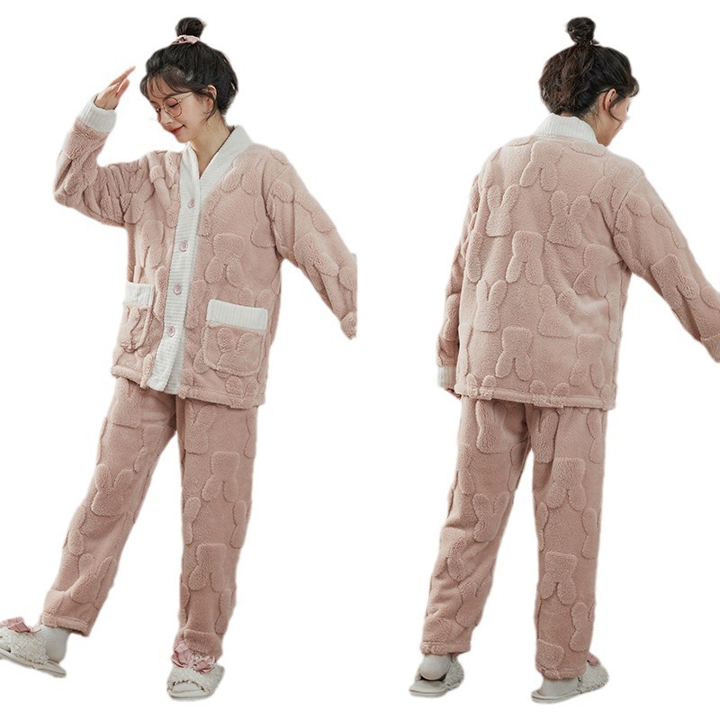 토끼 자카드 산호 양털 파자마 여성 기모 두꺼운 V-NECK 아웃웨어 플란넬 커플 홈 의류 세트 남성