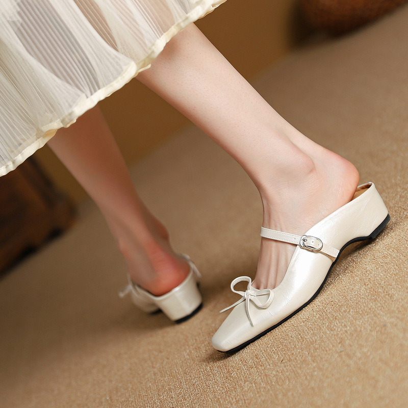 5213 Large Size Invisible Height-Increasing Comfortable Bowknot Mules 2026 Mid-Heel Square-Toe Open-Toe Slippers for Women
