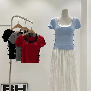 European and American Sweet and Spicy Style Bow Hollow Color Contrast Short-sleeved T-shirt Women's Cross-border Neck Hanging Lace-up Slim Fit Two-piece Top