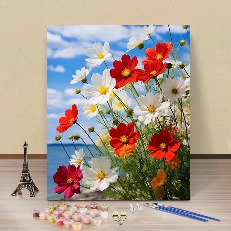 DIY numeric oil painting rose hand-painting color-fill camellia healing hand-drawn simple floral living room decorative painting wall hanging