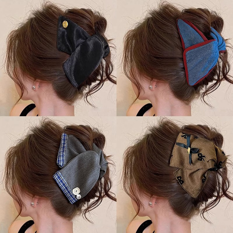 ファブリックデニムステッチ三角グリッパーニッチハイエンドサメクリップレトロファッション文学多用途ヘアアクセサリー卸売|undefined