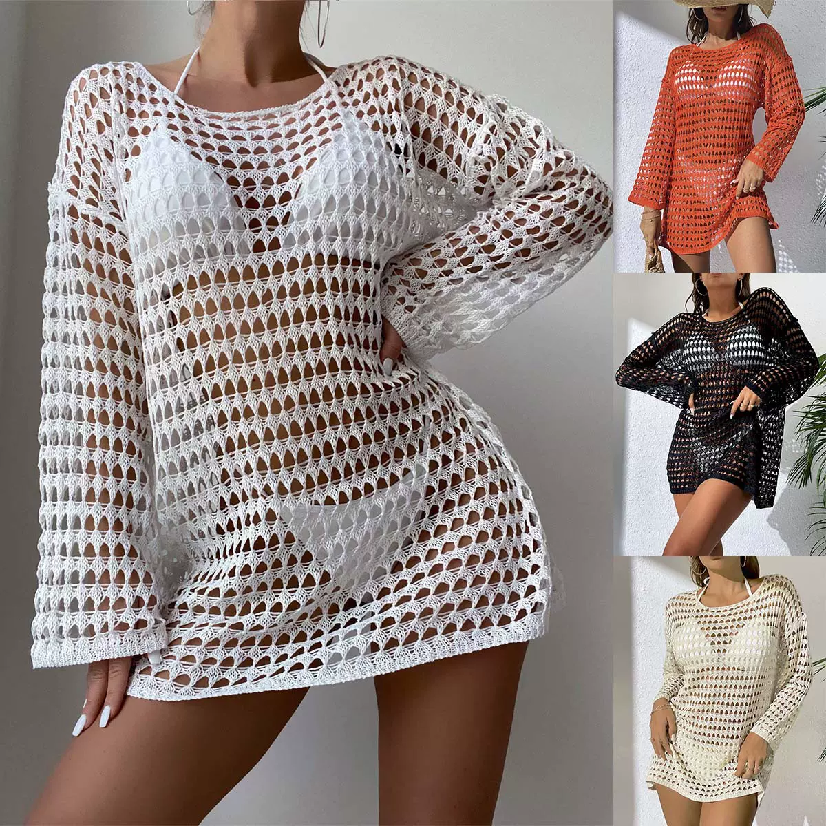 跨境欧美夏季新款女装性感针织镂空套头圆领长袖比基尼泳衣罩衫