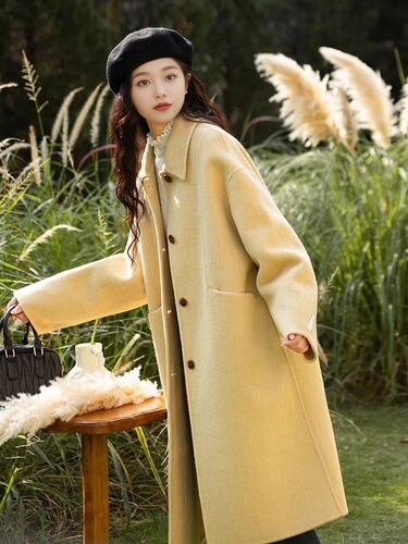 Korean Women's New Autumn and Winter Yellow Placket Double-Faced Woolen Coat Thick Medium-Length Wool Outerwear