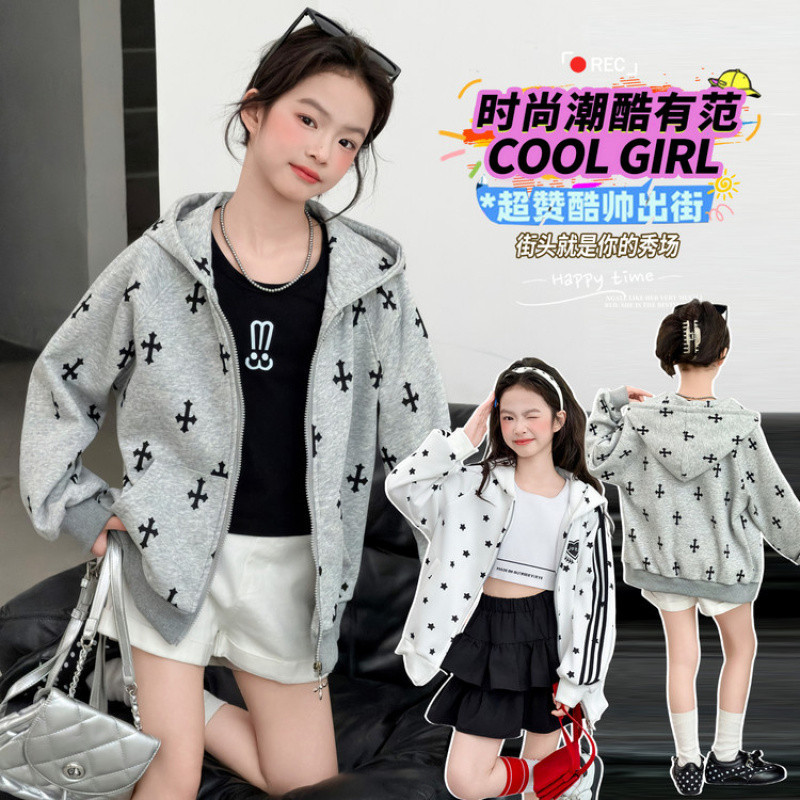 织里童装女童美式连帽外套2026春装儿童休闲上衣卫衣拉链开衫高品
