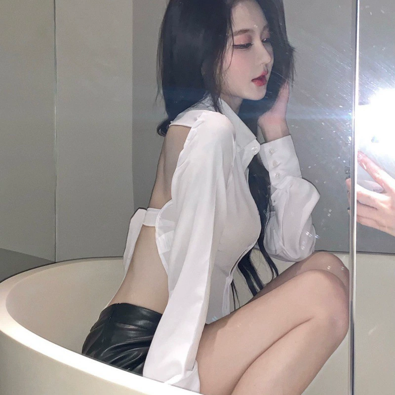 Белый короткий топ горячая девушка рубашка без спинки женская весна-лето дизайн рубашка с длинными рукавами оптом