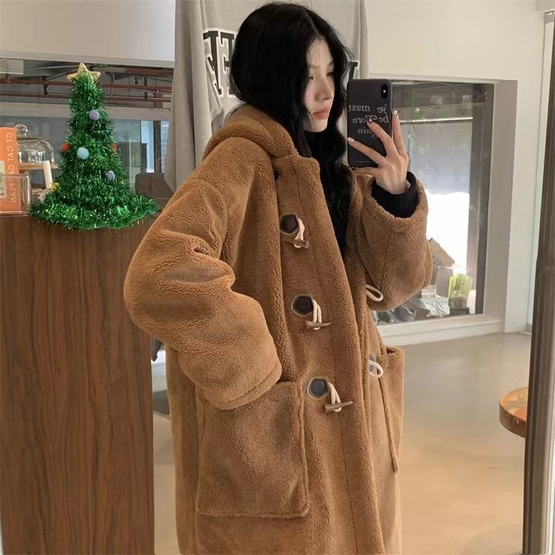 复古羊羔毛连帽外套女秋冬季加厚棉服中长款羊羔绒大衣小个子宽松|undefined