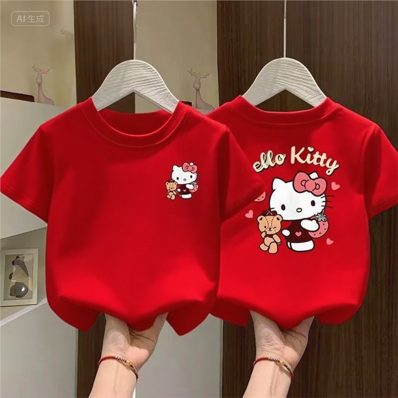 儿童T恤KT猫短袖女童夏季卡通印花中小童可爱韩版宽松圆领上衣潮|undefined