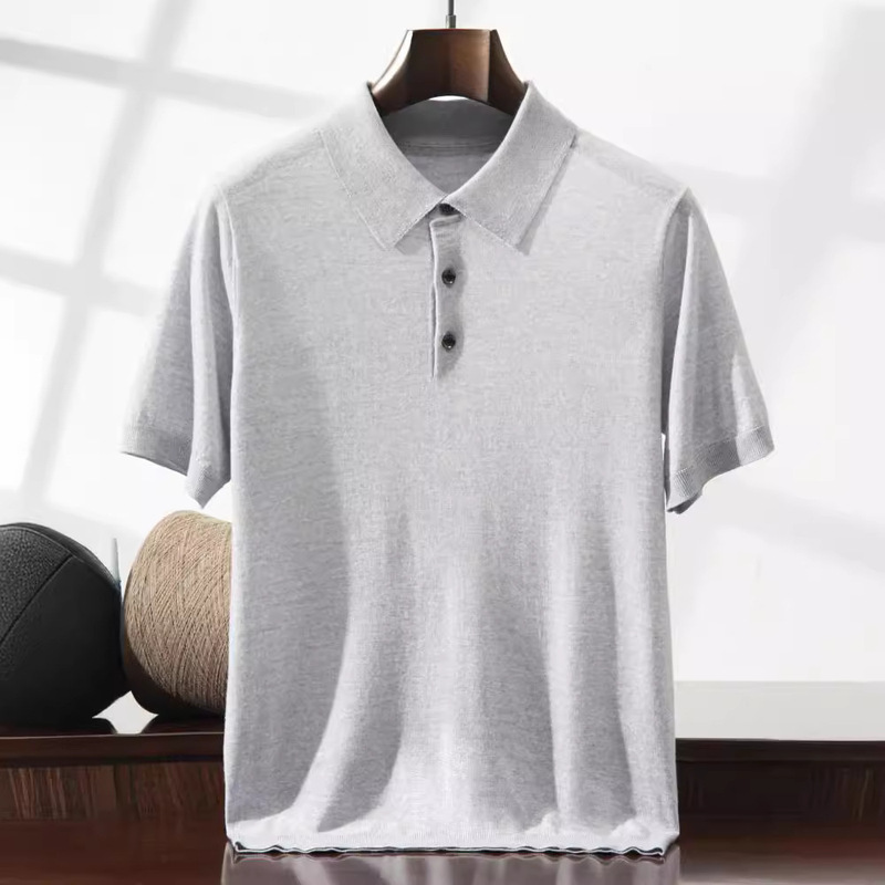 2025 New Model 100% Wool 68-Count Fine Imitation Yangzi Yarn Knitted Polo Collar Thin Short-Sleeve Men's Shirt