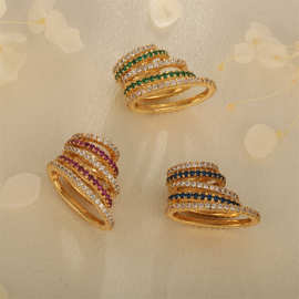 外贸新款铜微镶锆石双色原创设计感手工吊坠绿色玫红宝蓝多层吊坠