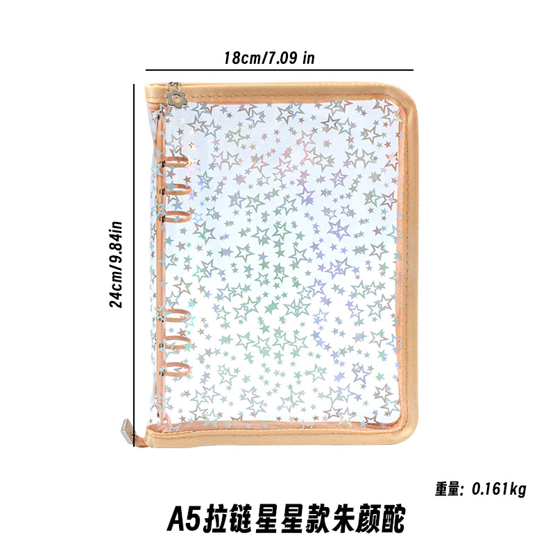 Corea del Sur De allí plana transparente brillo de la cremallera de 6 agujeros de hojas sueltas cuaderno ins estrella persiguiendo Diario A5A6