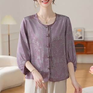 2025 Middle-aged and Elderly Silk Shirt Spring and Summer New Chinese Style Light National Style Cardigan Round Neck Seven-point Sleeve Mother plus size