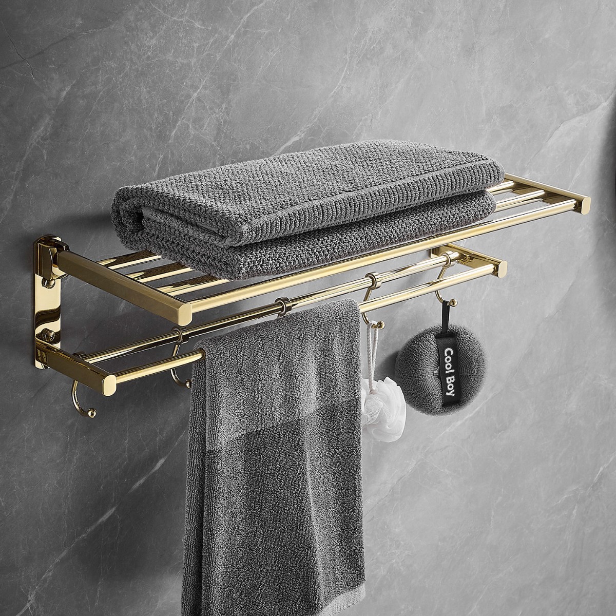 All-Copper Towel Rack, Foldable Bath Towel Rack, Bathroom Storage Rack, Light Luxury Style Bathroom Shelf, No Drilling Required