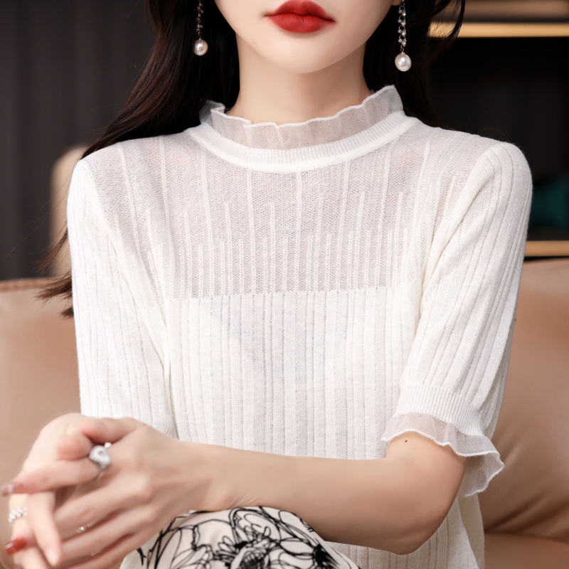 Summer New Women's Lace Collar Short-Sleeved Round Neck Lace Pure Color Pullover Wool Slim Knitted Bottoming Shirt T-Shirt