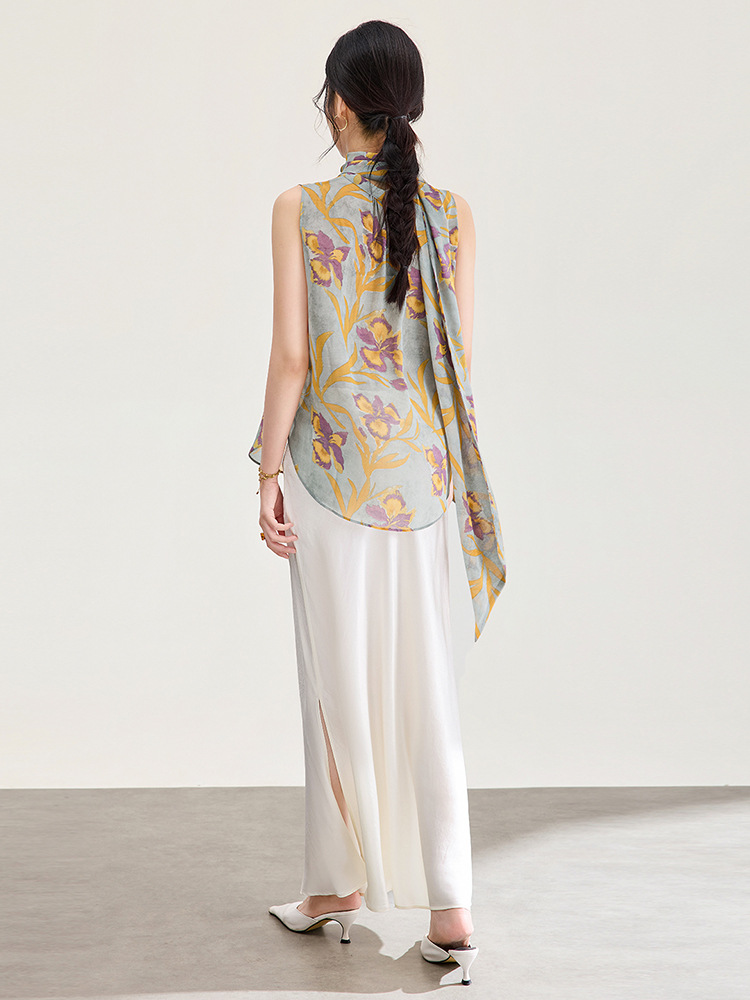 Áo hai dây nữ chất liệu chiffon in hoa, phối dây lụa, phong cách thanh lịch mùa hè — màu xám