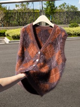 通勤V领菱形格100纯羊绒针织马甲女拼色无袖叠穿拉绒针织坎肩新款