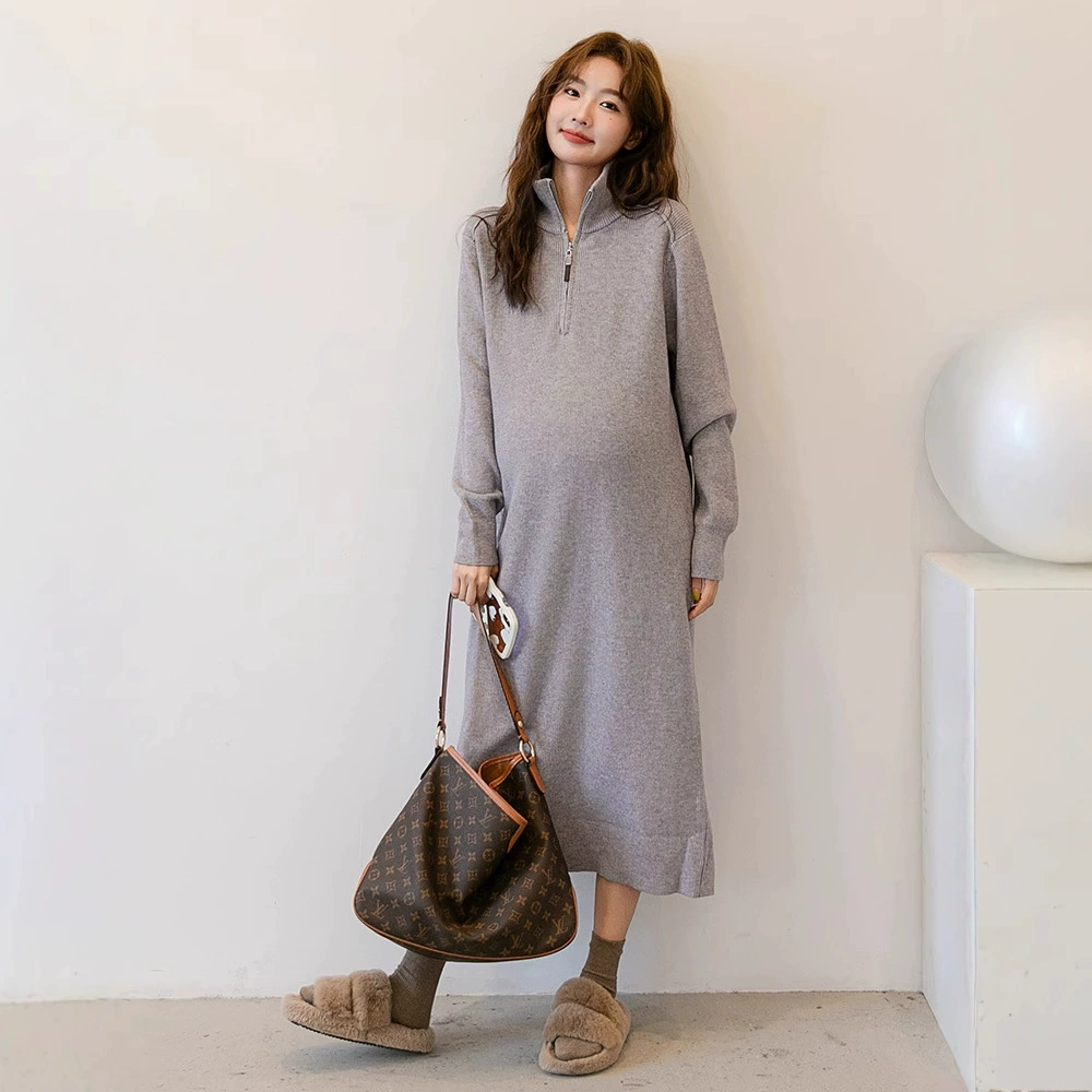 Осенняя и зимняя одежда для беременных корейская версия молния с воротником по беременности и родам вязаный свитер юбка брюки эластичные свободные платья материнства