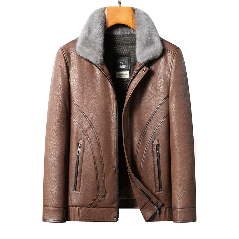 2024 зима Haining кожаный мужской кожаный пуховик с норковым отворотом короткая мягкая кожаная куртка теплая куртка прилив