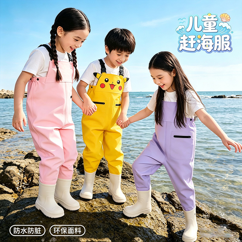 Children's wading pants, beach play clothing, waterproof pants, cute cartoon full-body waterproof suit for kindergarten, for playing in the sand and water