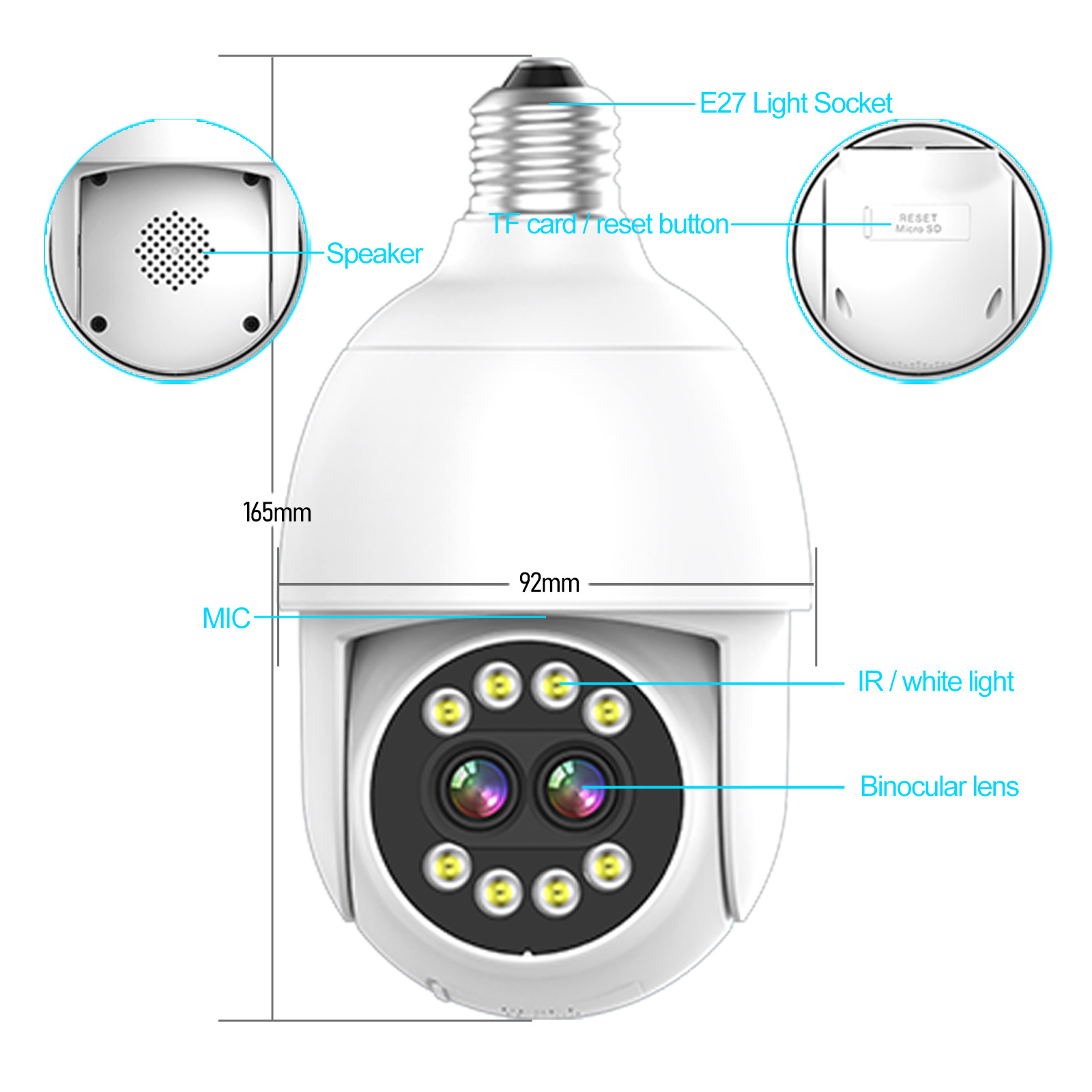 Cámara de Seguridad Tipo Bombilla E27 Doble Lente Zoom 5x de Plástico ABS para Exteriores
