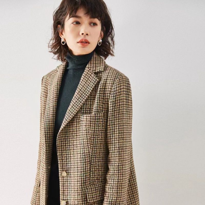 Shenghong's New Spring Style, the Same Korean Style Houndstooth Retro Wool Suit Jacket for Women 7562