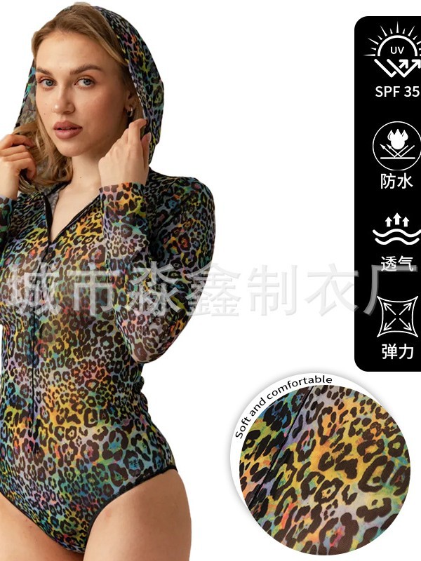 Europa y los Estados Unidos de mangas largas leopardo trajes de baño unidos para mujeres protección solar ropa de baño apretada de secado rápido nuevo trajes de impresión transfronterizos