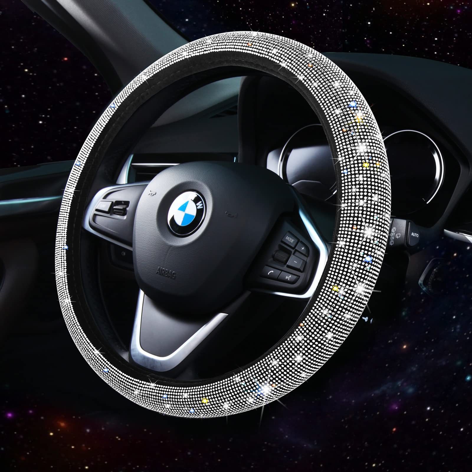 New Fashionable Full-Diamond Car Steering Wheel Cover for Women, Universal Crystal Flash Diamond Anti-Slip Handlebar Cover for All Seasons