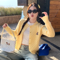 黄色开衫针织外套女2025春秋新款小熊刺绣麻花毛衣外搭高级感上衣