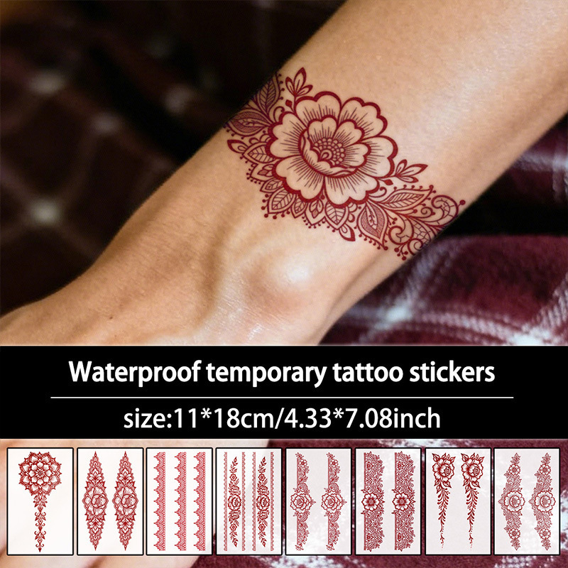Temu's Popular Henna Arm Band Red Tattoo Sticker Waterproof Long-Lasting Arm Back of Hand Lace Simulation Sweat-Proof Painting Temu's Popular Henna Arm Band Red Tattoo Sticker Waterproof Long-Lasting Arm Back of Hand Lace Simulation Sweat-Proof Painting