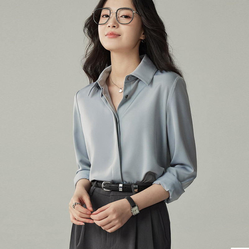 Yoko's Gray Blue Dark Placket Satin Shirt Women's Spring and Autum New Draped Work Clothing Professional Wear Interview Shirt