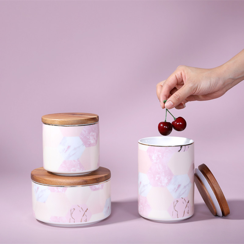Rosa jarra de cerámica jaspeado sellado con tapa granos del hogar tarro de azúcar blanco tarro de almacenamiento