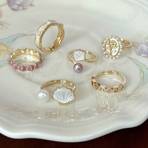 Enamel niche pearl ring women's fashionable personality versatile high-end open adjustable mother-of-pearl retro index finger ring